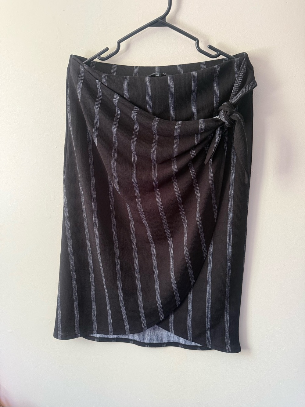 Striped Black Wrap Midi Skirt with Side Tie